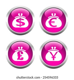Set of colored buttons for web, purses currency. Vector.
