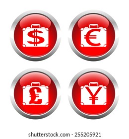 Set of colored buttons for web, suitcases with currency. Vector.