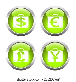 Set of colored buttons for web, suitcases with currency. Vector.