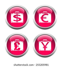 Set of colored buttons for web, suitcases with currency. Vector.