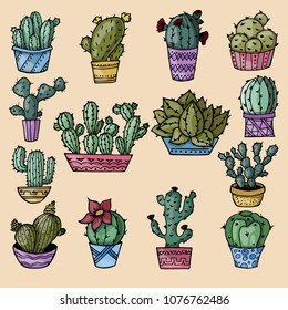 set of colored cactus sketches, individual design elements, hand-drawn style, vector illustration