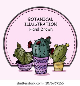 set of colored cactus sketches with round text box, design elements, hand-drawn style, vector illustration