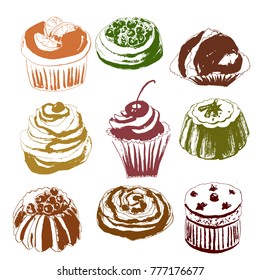 A set of colored cakes on a white background. Endless texture for your design, announcements, postcards, posters, restaurant menu. Vector illustration