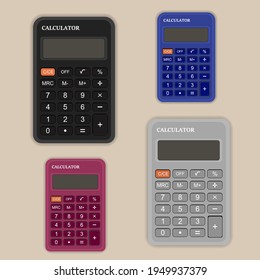 A set of colored calculators on a light background. Pink, blue, gray, black