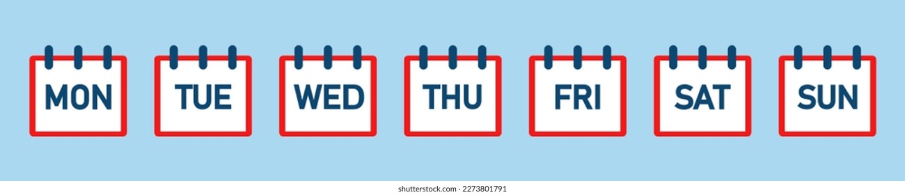 Set of colored calendar days of the week on blue background. Days from Monday to Sunday.  Organizer or reminder on event.