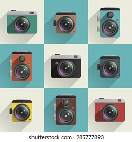 Set of colored camera icons. Different types of cameras