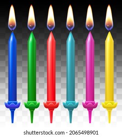 Set of colored candles for cake, holiday decoration. Happy Birthday. 3d realistic vector illustration.