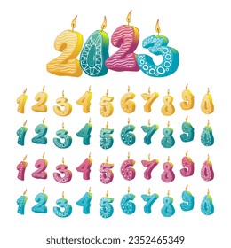 Set of colored candles for the holiday. Hand-drawn vector illustration. Digits on transparent background