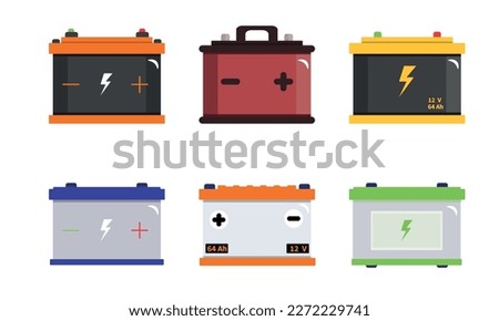 Set of colored car batteries isolated on white background. Vector illustrations of different car batteries in cartoon style. Car spare parts icons. Electric cars.