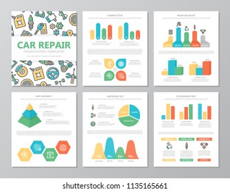 Set of colored car service and auto repair elements for multipurpose a4 presentation template slides with graphs and charts. Leaflet, corporate report, marketing, advertising, book cover design.