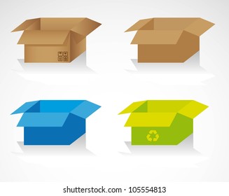 set of colored cardboard boxes isolated on white background, vector illustration