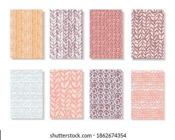 Set of colored cards with hand drawn knitting braids texture. Trendy collection templates for Brochures, Placards, Flyers, Posters, Banner Designs. Vector illustration