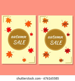 Set of colored cards for sales in stores; On falling leaves are written discounts