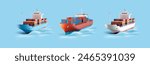 Set of colored cargo ships with containers, 3D. Rendering of cargo ships for international maritime trade and transportation design concepts. Vector