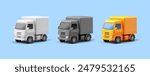 Set of colored cargo trucks, 3D. Realistic rendering of a truck for business design concepts of logistics, transportation, and goods delivery. Vector