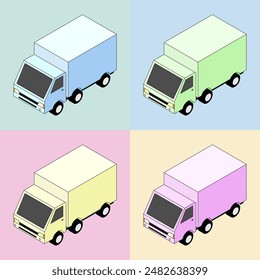 Set of colored cargo trucks, truck isometric American trailer. towing truck isolated. Cargo Truck transportation. Car. lorry cartoon