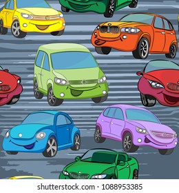 A set of colored cars. Seamless pattern. Funny and smiling. On road. Vector illustration.
