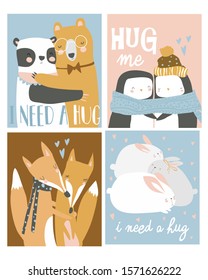 Set of colored cartoon animals hugging. I need a hug