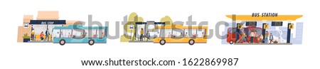 Set of colored cartoon bus station isolated on white background. Passenger at stop with different transfer vector flat illustration. Collection of suburban, city and international travel transport