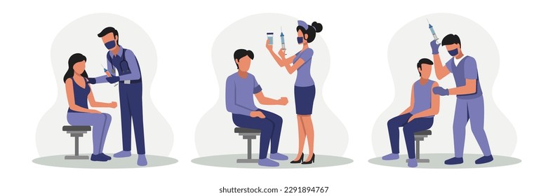 Conjunto de personajes de dibujos animados de color que potencian la salud del sistema inmune. Grupo de pacientes jóvenes y médicos que se dedican a la vacunación contra la gripe o el coronavirus en el hospital. Vector