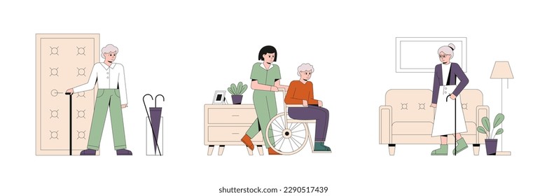 Reihe von farbigen Cartoon-Figuren verschiedener Senioren. Alte Menschen mit gesundheitlichen Problemen. Hilfe bei der Hausarbeit. Fürsorge für Senioren. Vektorgrafik
