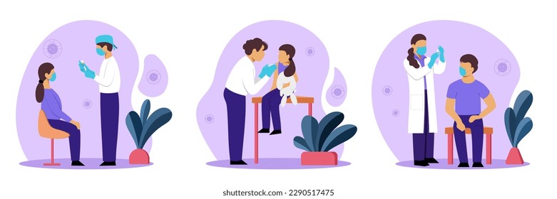Set of colored cartoon characters of doctors and patients engaged in vaccination. Concept of protection from pandemic outbreak. Giving Covid 19 vaccination. Immunization schedule for kids. Vector