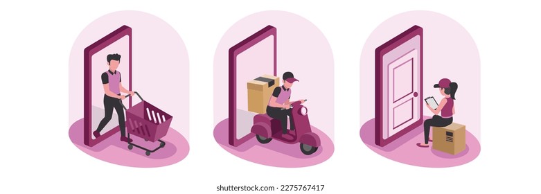 Set of colored cartoon characters doing shopping online. Purchase of goods via Internet. Delivery for commercial business. Waiting and delivery of parcels. Vector