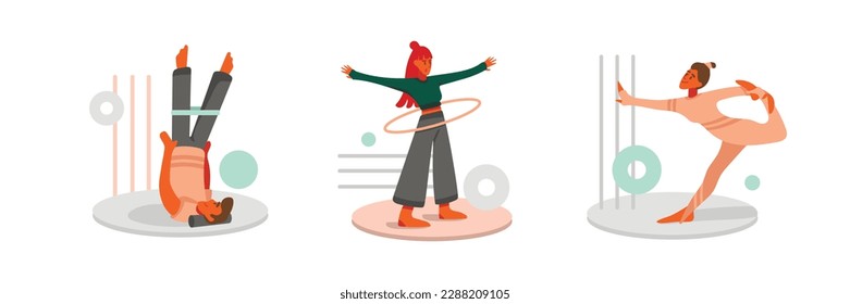 Conjunto de personajes de dibujos animados de colores que practican diferentes deportes. Por la mañana entrena en el interior. Estilo de vida saludable y activo. Actividad física regular. Vector