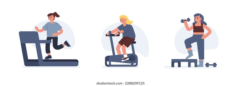 Set of colored cartoon characters doing exercises using sport equipment. Time for training in gym. Healthy and active lifestyle. Regular physical activity. Vector
