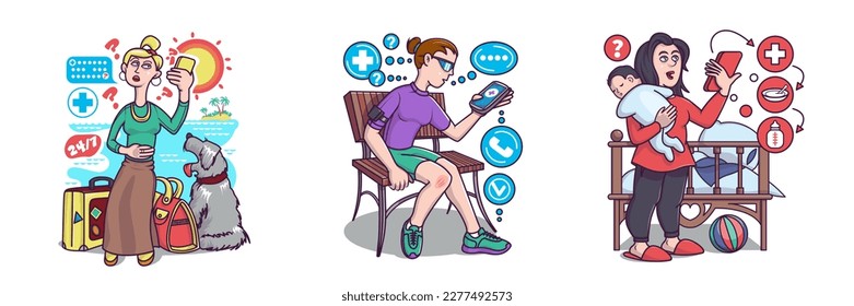 Set of colored cartoon characters getting online medical support. Video call meeting with veterinarian, traumatologist, and pediatrician. Modern healthcare services. Vector