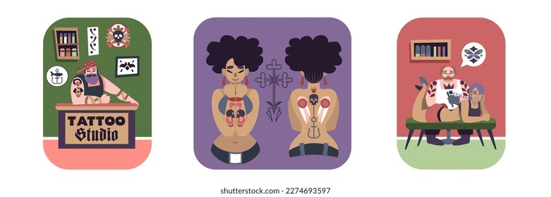 Set of colored cartoon characters having creative tattoos. Professional tattoo salon with sterile equipment. Drawing human body with sterile equipment. Vector