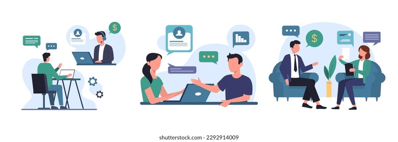 Set of colored cartoon characters of HR managers interviewing job seekers. Process of talking with candidates. Human resource management representatives. Vector