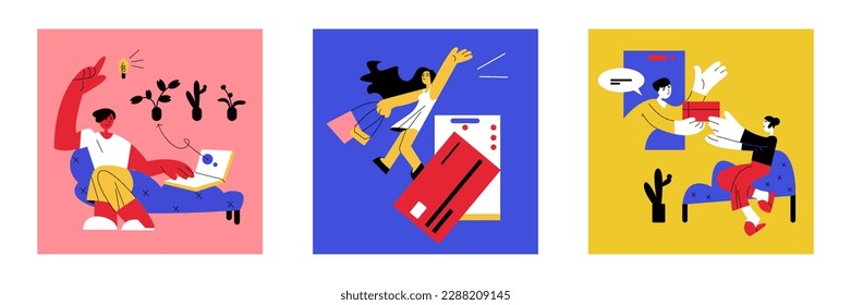 Set of colored cartoon characters making purchases over Internet. Concept of doing online shopping from home. Choosing goods online. Age of digital environment. Vector