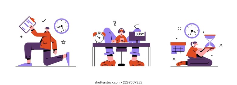 Conjunto de personajes de dibujos animados de color que administran su tiempo con éxito. Logro de los objetivos de carrera. Concepto de productividad y eficiencia empresarial. Proceso de administración de la programación. Vector