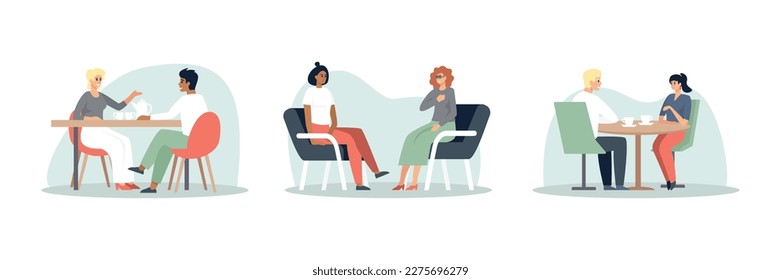 Set of colored cartoon characters meeting and talking. Colleagues having conversation in modern restaurants. Friends spending time together in cafe. Vector