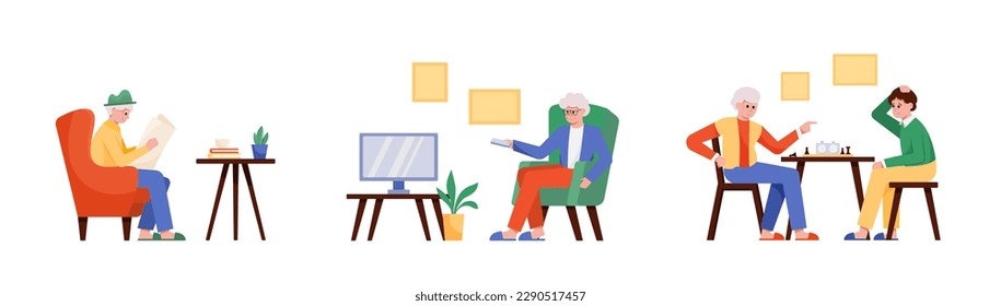 Set of colored cartoon characters of old people doing different things. Senior people spending time reading newspaper. watching TV and playing chess. Happy old age. Vector