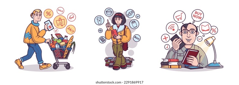 Set of colored cartoon characters of online shoppers ordering goods. Products purchase and delivery via apps. People buying over Internet. Modern technology and lifestyle. Vector