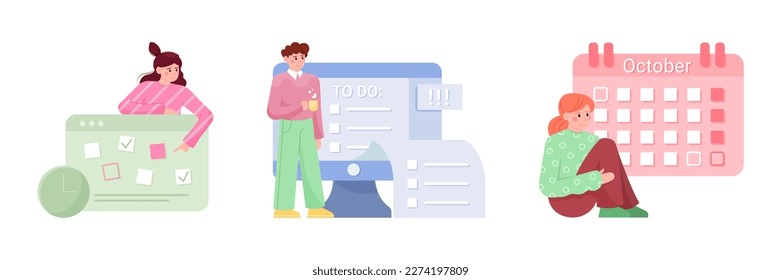 Set of colored cartoon characters organizing their time. Process of managing working schedule. Time management strategy. Productivity and efficiency. Vector