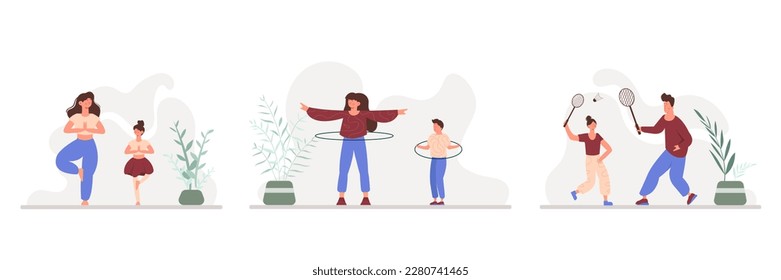 Conjunto de personajes de dibujos animados de colores de personas que tienen actividad física regular. Es hora de los deportes. Haciendo ejercicios matutinos. Estilo de vida saludable y activo. Vector