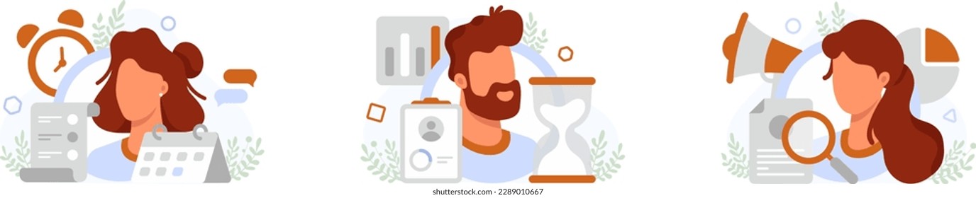 Set of colored cartoon characters planning and organizing their time. Time management efficiency. Young people doing different tasks and activities. Vector