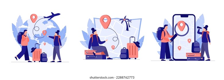 Set of colored cartoon characters preparing for traveling abroad. Time for summer vacation trip. Travel agency tour. Adventure tourists and travelers. Vector