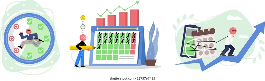 Set of colored cartoon characters showing good productivity performance. Process of managing schedule. People improving productivity and efficiency when working. Vector