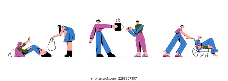 Set of colored cartoon characters from volunteering organizations helping other people. Voluntary altruistic activity. Getting assistance. Charity and donations. Vector