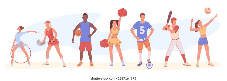 Set of colored cartoon characters of young people engaged in different kinds of sports. Active and healthy lifestyle. Time for sports exercises and morning training. Vector