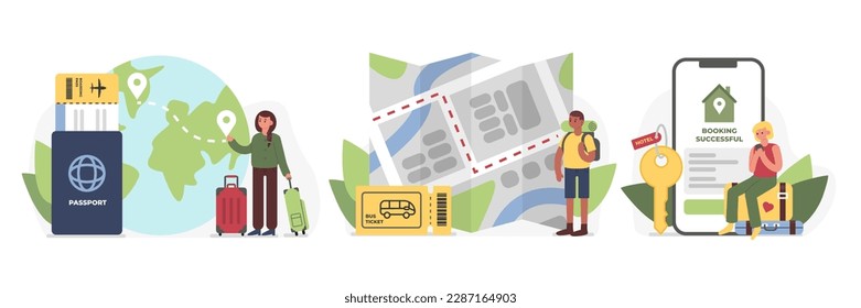 Eine Reihe von farbigen Cartoon-Figuren von jungen Menschen, die sich auf die Entdeckung neuer Orte vorbereiten. Zeit für Auslandsreisen. Touristen planen, während der Ferien Sehenswürdigkeiten zu besichtigen. Vektorgrafik
