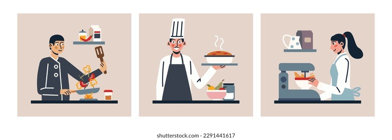 Set of colored cartoon characters of young people working as professional chefs. Cooking with kitchenware in restaurant. Commercial food industry. Vector