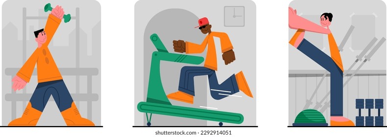 Set of colored cartoon characters of young people doing sports exercises. Time for morning workout in gym. Regular physical activity. Concept of healthy lifestyle. Vector