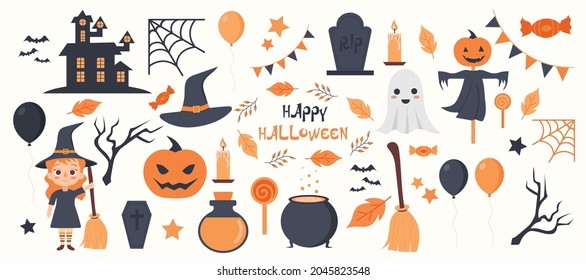 Set of colored cartoon doodle halloween icons. Vector illustration.