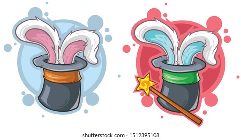 Set of colored cartoon hats with a rabbit in the middle on a colored background