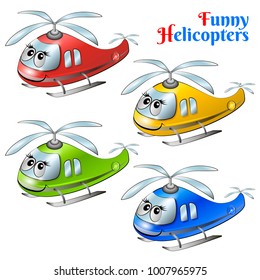 Set of colored cartoon helicopters with muzzles. Vector illustration.